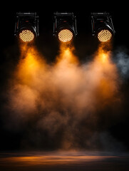 Sticker - An image of three stage spotlights with smoke and haze on a black background. The lights are pointed down and create a dramatic effect