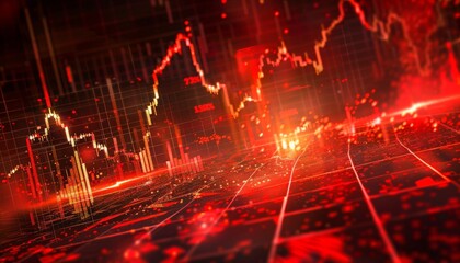 Leinwandbilder - A digital showing red financial charts and data visualizations, depicting a dramatic market decline or volatility.
