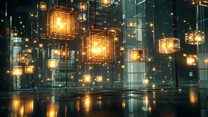 Wall Mural - a futuristic city with glowing lights hanging from the ceiling and reflecting off the wet floor