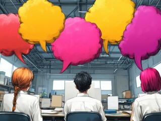 Aufkleber - A vibrant illustration showing three individuals seated, with colorful speech bubbles above them, suggesting conversation and collaboration.