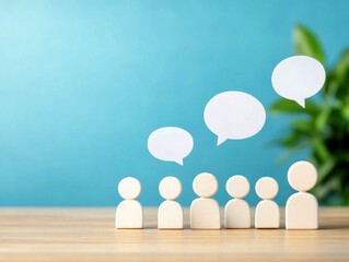 Poster - A group of wooden figures stands on a tabletop, with speech bubbles above, suggesting communication or discussion against a soft blue backdrop.