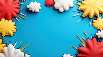 Poster - A colorful comic-style explosion backdrop featuring red, yellow, and white clouds against a bright blue background.
