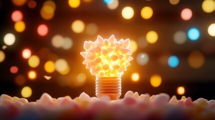 Aufkleber - A vibrant light bulb adorned with colorful shapes illuminates a dreamy background filled with sparkling bokeh effects.