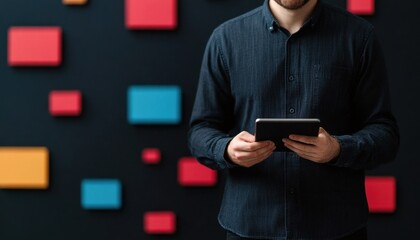 Aufkleber - A person in a dark shirt holds a tablet, standing in front of a colorful wall adorned with geometric shapes.