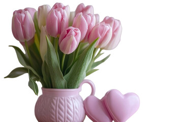 Wall Mural - pink tulips in a vase beside a white frame and heart shapes on a pastel pink background. png transpa