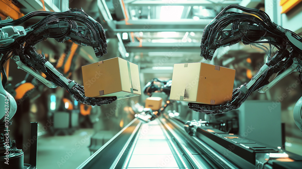 Robotic Arms Handling Cardboard Boxes on a Conveyor Belt in an ...