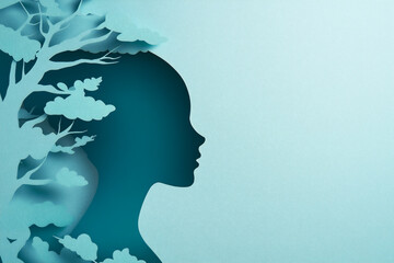 Wall Mural - Open mind and Good Mental health. Paper cut illustration with human silhouette and space for text. Cut out composition with woman and colorful branches of tree on head in blue backdrop. 