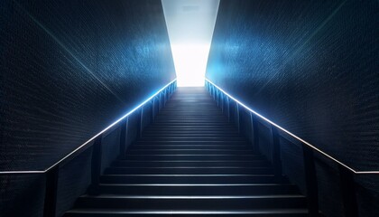 Wall Mural - A long and dark stairs with illuminating lights surrounding going up towards an opening to the next level; a dark ominous stairs case to the top; success and hardship; climb to the top; modern stairs