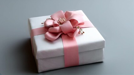 Wall Mural - A white square gift box with a pink ribbon tied into a bow with a sprig of berries. The box is on a grey background.