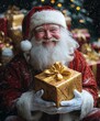 © Helios4Eos - Santa Claus holding a wrapped gift with a golden ribbon while sitting among a pile of beautifully adorned presents. Holiday cheer, Christmas spirit.