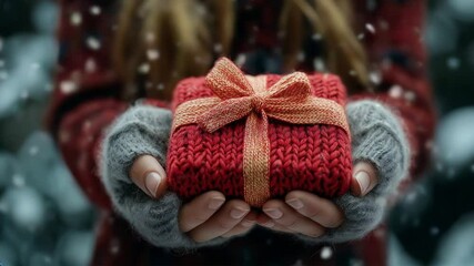 Wall Mural - Closeup of hands wearing grey knitted gloves holding a red knitted gift box with a yellow and red bow, with a blurred snowy background.