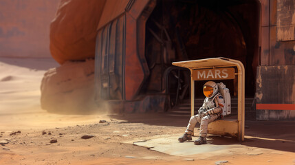 Wall Mural - astronaut resting at a bus stop on mars near a futuristic habitat in a desolate landscape