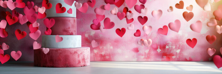 Poster - Valentine day background with pink, red, white cylinder pedestal banner.