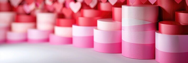 Poster - Valentine day background with pink, red, white cylinder pedestal banner.