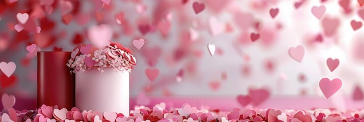 Poster - Valentine day background with pink, red, white cylinder pedestal banner.