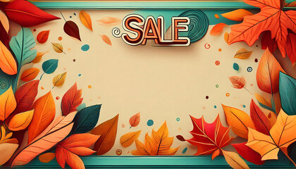 Wall Mural -  Colorful vintage abstract autumn banner features a framed layout with leaves and sale lette_1(415)