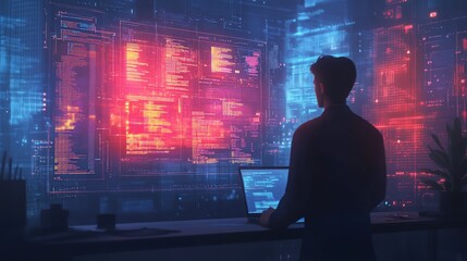 A programmer stands in a dark room, working on a laptop while surrounded by digital screens displaying code.