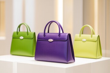 Stylish handbag collection featuring a dark purple bag, lime green purse, and white clutch in a modern display