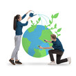 © master1305 - Man and woman taking care after Earth, watering plants and cleaning planet. Conceptual art collage. Concept of environmental care, green technology, sustainability, nature protection.