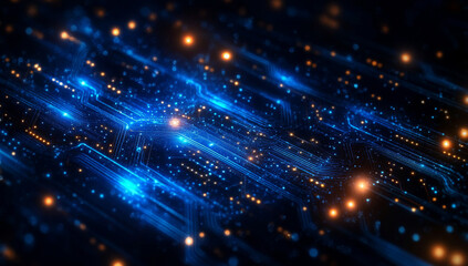 Wall Mural - abstract technology background with circuit board and blue lights digital communication line concept