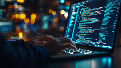 Dedicated programmer engaging in software development with java script code on laptop screen, embracing iot and digital technology innovations
