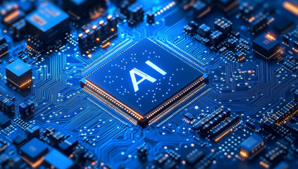 Wall Mural - powerful computer processor microchip with the word representing artificial intelligence, ai technol