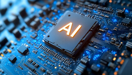 Wall Mural - powerful computer processor microchip with the word representing artificial intelligence, ai technol