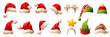 © Лиля Зайдуллина - Big set of different red Christmas Santa Claus hats. Caps with white fur and pompoms, striped green and red elf hats, headband with star and deer antlers. Vector hats for winter holiday decoration.