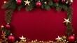 © Ernesto - Christmas background with red and gold decorations, stars, and pine branches on a red backdrop.