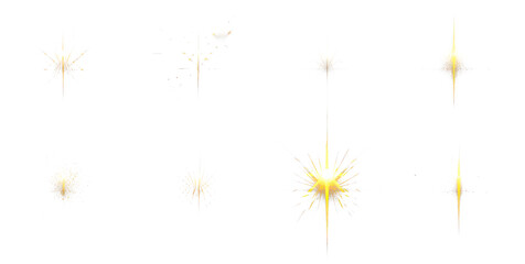Collection of golden starburst and star shapes isolate on transparent background, cutout, png