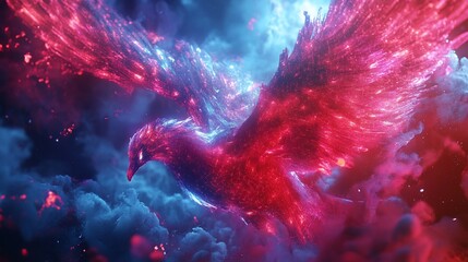 Wall Mural - A fiery phoenix with red and blue wings in a dramatic cloudscape.