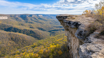 Poster - Majestic cliff overlooking a vast, forested valley under a clear blue sky, AI