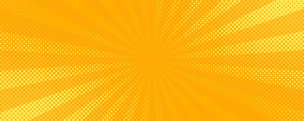 Retro orange sun rays on yellow halftone dot pattern background. Dotted or noise texture. Bright pixel art comic and pop-up design. Vector wall for poster, banner, advertising.