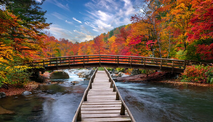 Wall Mural -  A serene river flows through a vibrant autumn forest, spanned by a wooden bridge, set again_1(179)