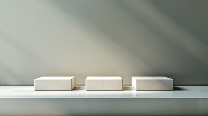 Aufkleber - A minimalist and elegant background for product presentation with a soft green color, empty space in the middle of the picture, and three cube-shaped podiums on it.