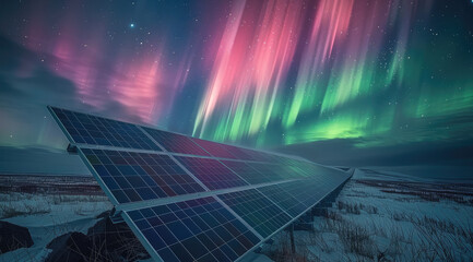 Aufkleber - A solar panels in a field with the northern lights above it causing reflections.