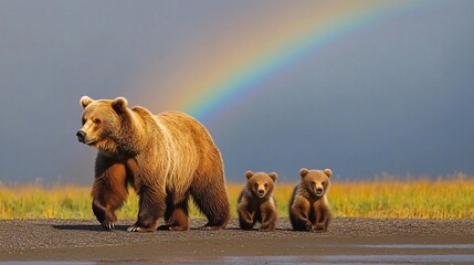 Wall Mural - a mother grizzly bear and her two cubs walk across a grassy plain, a rainbow arching over them in th