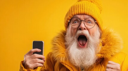a surprised elder man with a white beard, wearing a vibrant yellow hat and coat, expresses wide-eyed