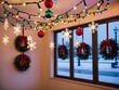 © circleana - Outside the window a snowy mountain peak is adorned with giant holiday wreath a sight to behold