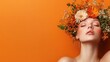 © svastix - A serene portrait of a woman with closed eyes, adorned with a crown of vibrant flowers, set against a rich orange background, merging nature with elegance.