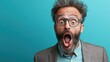 © svastix - A humorous depiction of a surprised man with wide eyes and open mouth, wearing glasses and a suit against a teal background, shows quirky and genuine emotion.