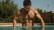 © svastix - An athletic man emerges from the pool with a powerful splash. Sunlight highlights his muscular build, conveying strength, determination, and the vitality of youth.
