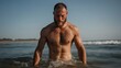 © svastix - A muscular bearded man emerges from the ocean, water cascading off his body, illustrating strength, masculinity, and a powerful connection with nature.