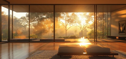 Wall Mural - Modern living room with large windows overlooking a forest with sunrise.