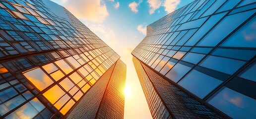 Wall Mural - two skyscrapers with glass facades reach towards the sky with the sun shining between them.