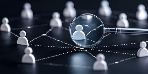 A close-up of a magnifying glass focusing on a single figure among a network of connected figures, representing analysis and connection in business.