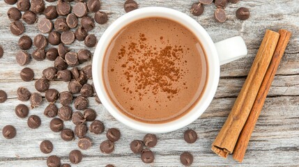 Poster - Hot chocolate with a sprinkle of cocoa and cinnamon sticks, surrounded by scattered chocolate chips on a rustic wood backdrop