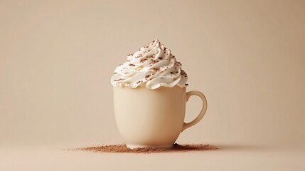 Poster - Hot chocolate with a thick whipped cream topping and sprinkled cocoa powder, isolated on a soft beige background