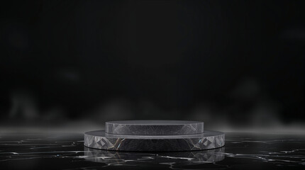 Wall Mural - abstract minimal concept. dark background with natural granite stones podium on water and smoke surr