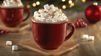 Poster - Indulgent hot cocoa with a generous topping of whipped cream, decorated with mini marshmallows on a cozy holiday background